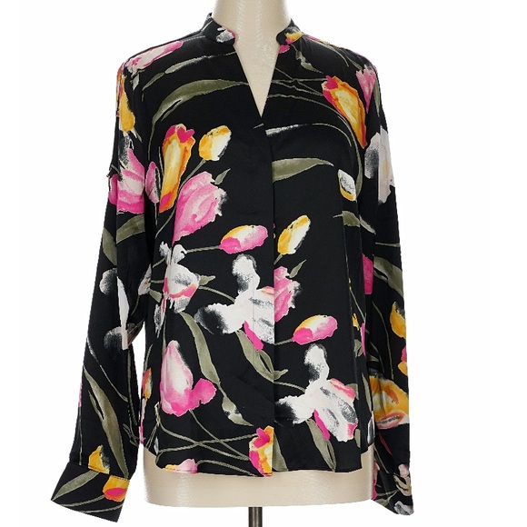WHITE HOUSE BLACK MARKET Black Floral Short/Long Sleeve V-Neck Blouse Size Large - Picture 3 of 6